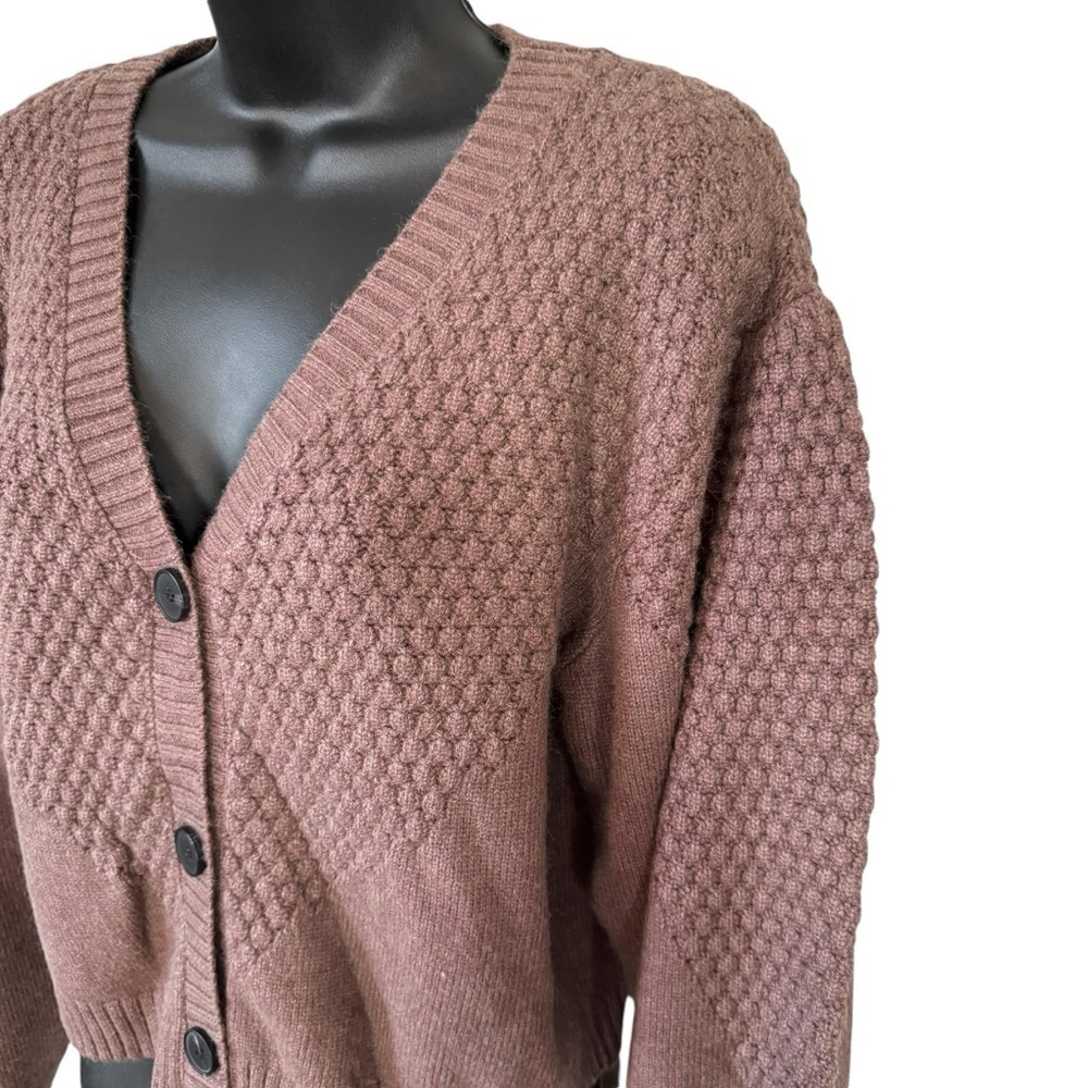 EUC White Birch cropped cardigan, bubble sleeves, knit, hot chocolate, size XL - Picture 2 of 13